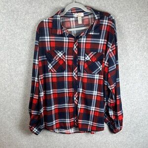 Just Be Women's Size 3X Fashion Plaid Shirt in Red, White, Blue Button Sleeve